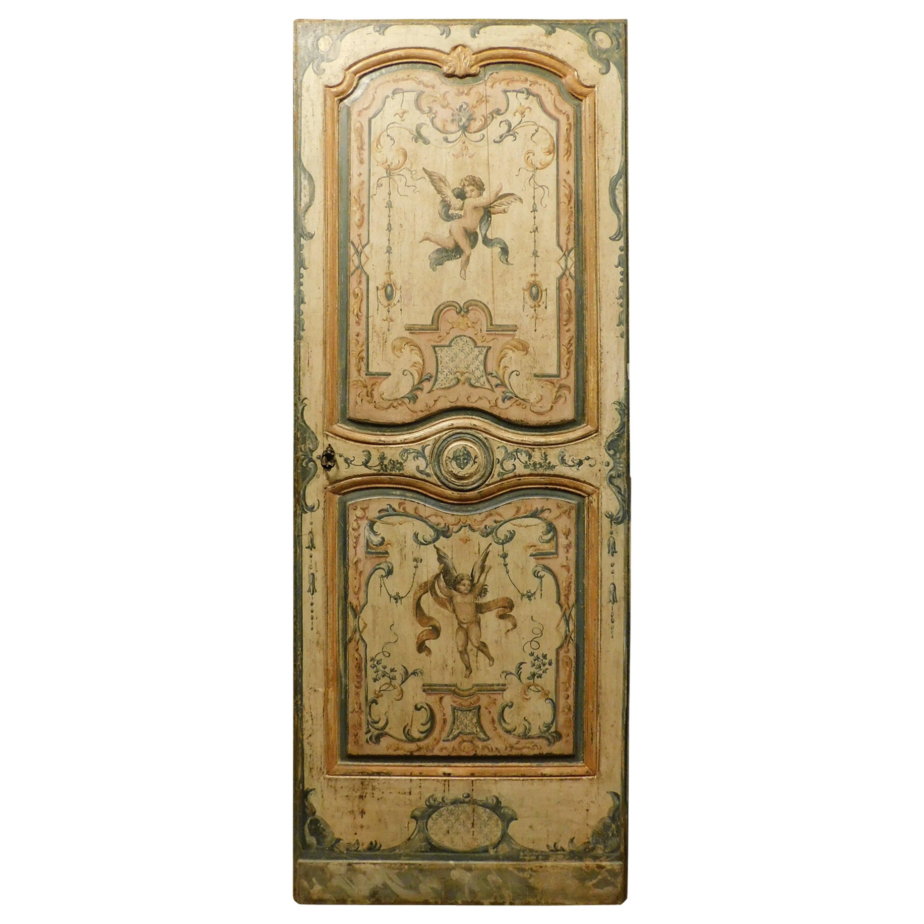 Lacquered and richly painted wooden door, double-sided, Tuscany For Sale