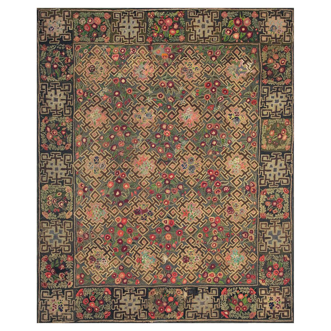 Early 20th Century American Hooked Rug 7' 3" x 9'  For Sale