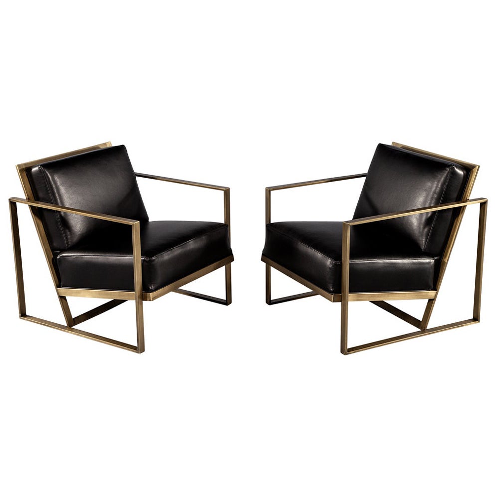 Pair of Custom Black Leather Lounge Chairs with Antiqued Brass Metal Frames For Sale