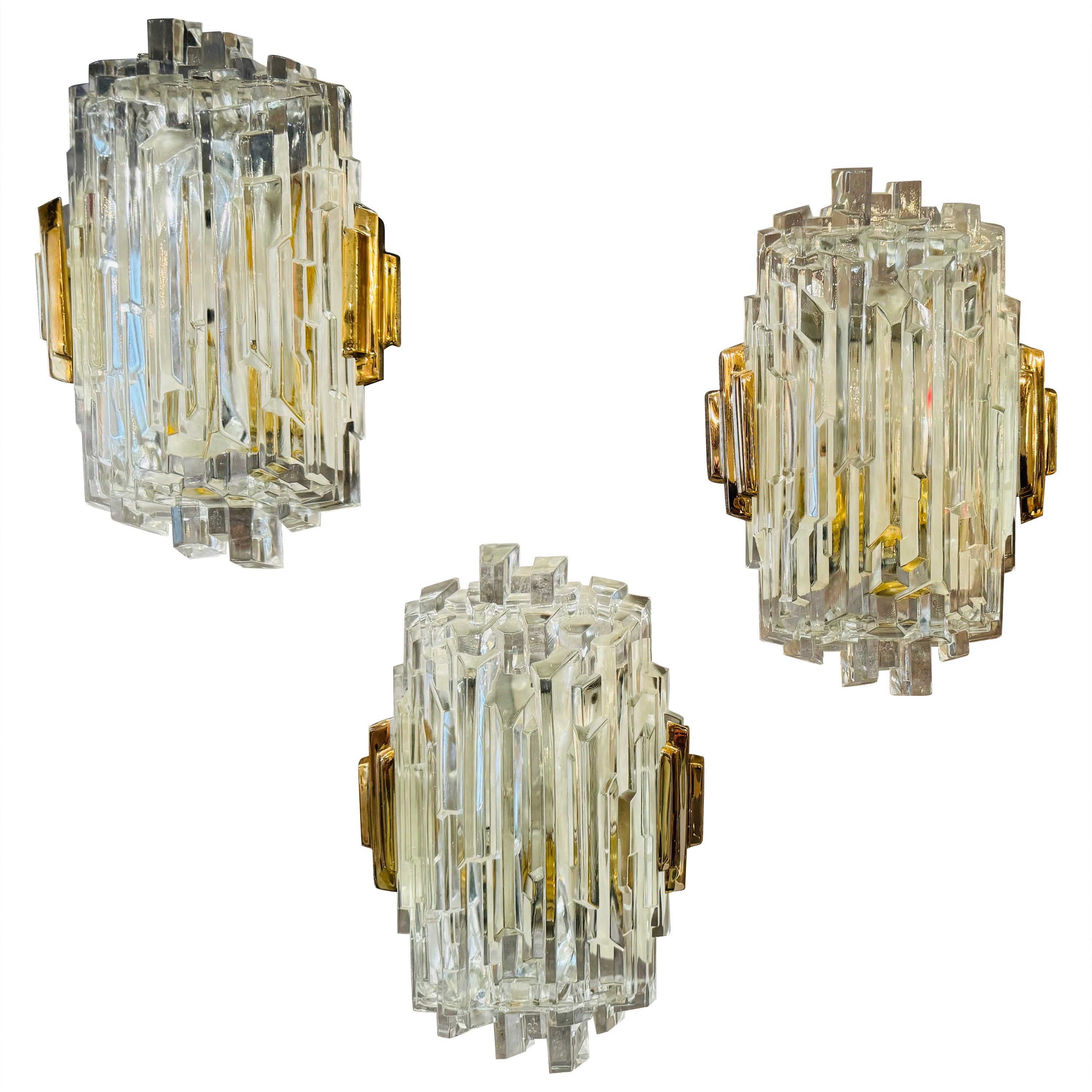 Set of Three 1960s Hillebrand Crystal Ice Glass Wall Lamps For Sale