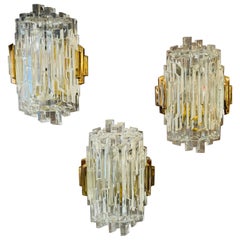 Vintage Set of Three 1960s Hillebrand Crystal Ice Glass Wall Lamps