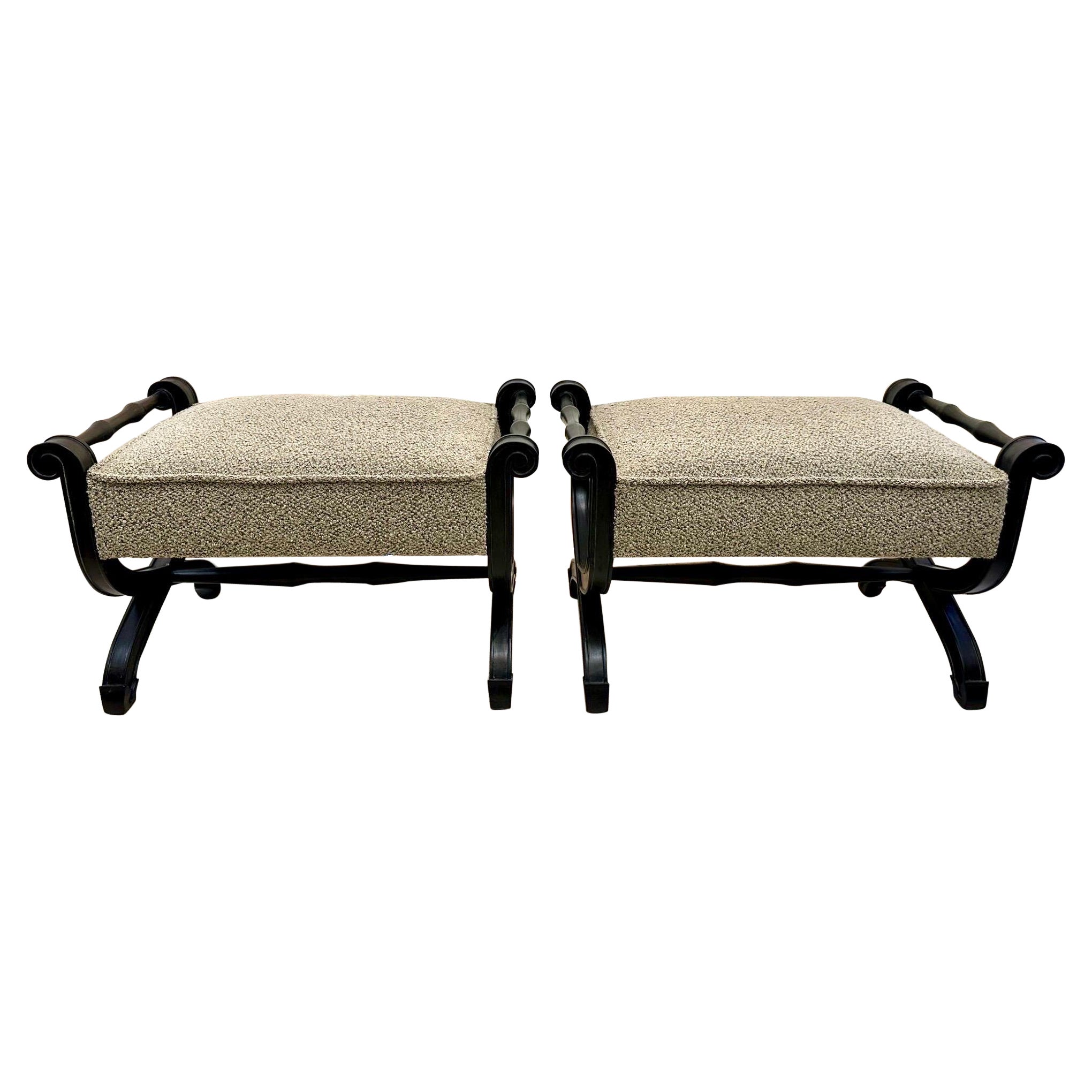 1950's Scrolled Carved Ebonized Wood Frame Benches/ Ottomans, Pair For Sale