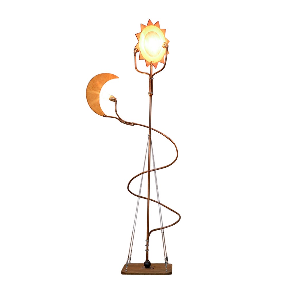 20th Century Toni Cordero 'attr.' Floor Lamp Sun and Moon in Brass and Wood For Sale