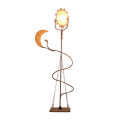 20th Century Toni Cordero 'attr.' Floor Lamp Sun and Moon in Brass and Wood