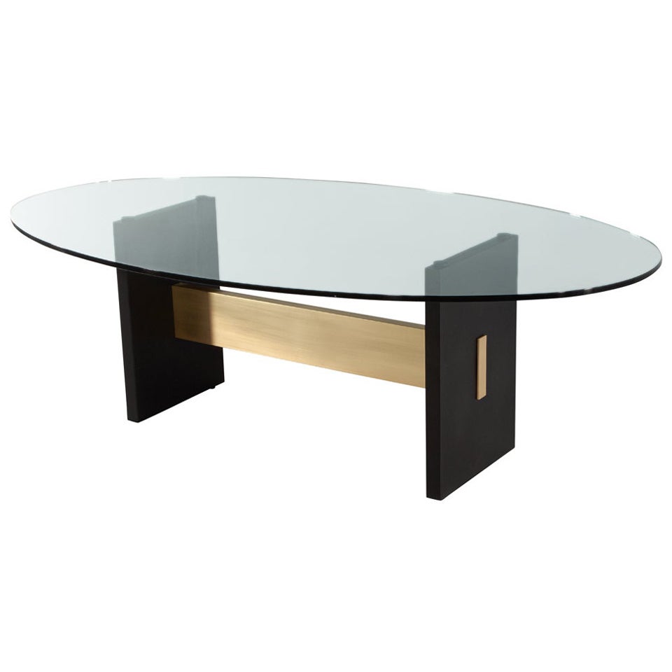 Modern Oval Glass Top Dining Table with Hand Crafted Metal Base For Sale