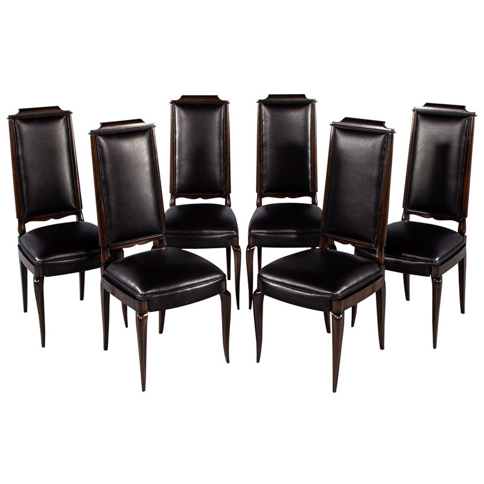 Set of 6 Antique French Art Deco Dining Chairs in Black Leather For Sale