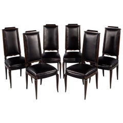 Ensemble de 6 chaises de salle à manger Art Déco françaises antiques en cuir noir