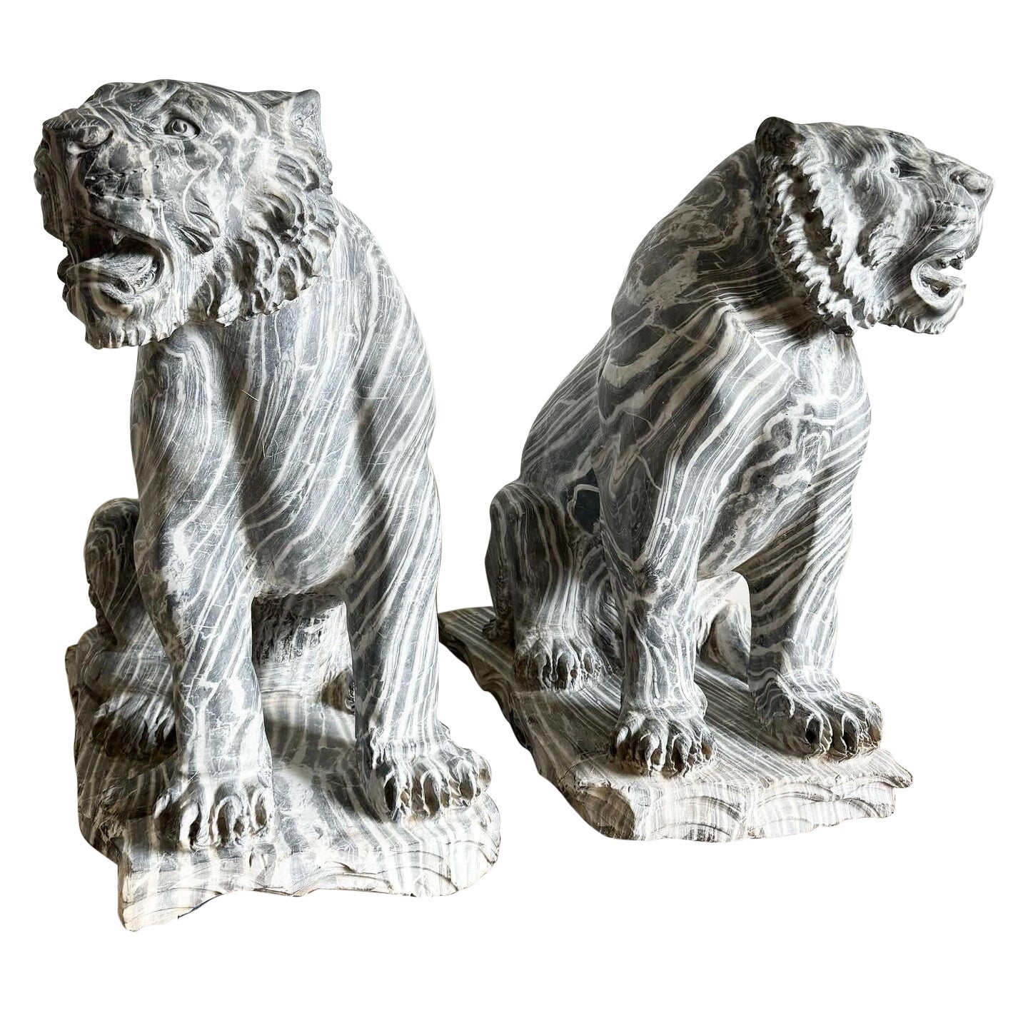 Hand Carved Black Marble Tiger Statues - a Pair For Sale