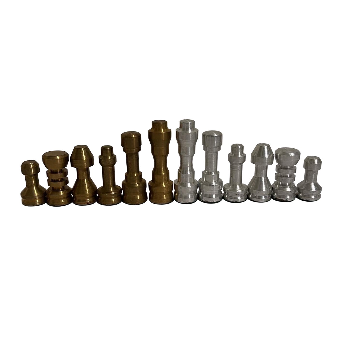 Machine Age Hand Lathed Aluminium And Brass Chess Pieces Set c1940s For Sale