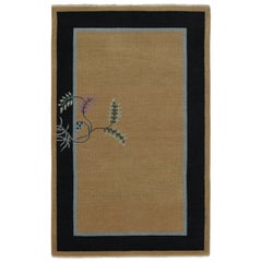 Rug & Kilim's Chinese Art Deco Style Rug with Camel Field and Blue Border (Tapis chinois de style art déco avec champ camel et bordure bleue)