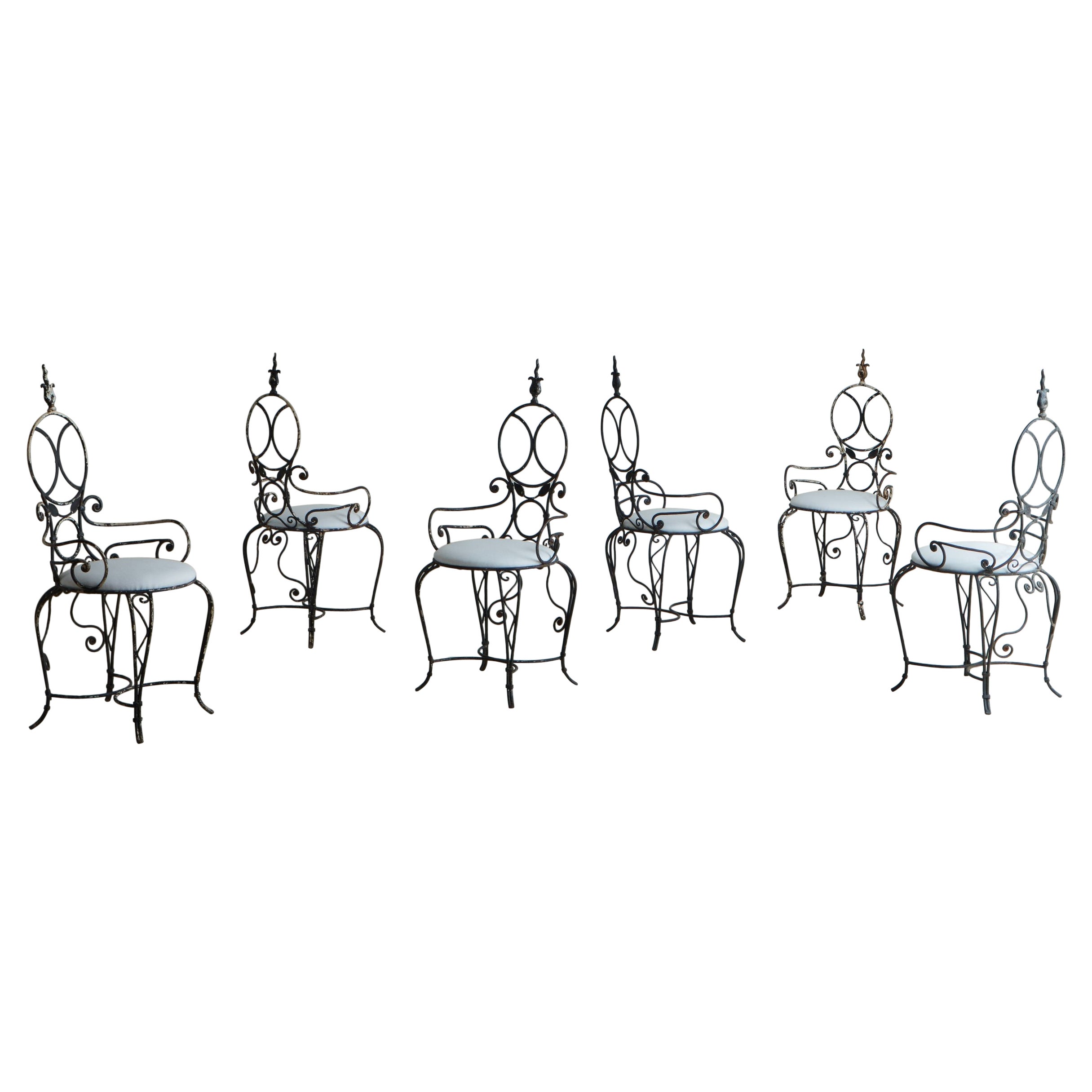 Set of 6 Iron Frame Garden Chairs in Snowy White Sunbrella Fabric, France 1960s For Sale