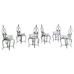 Set of 6 Iron Frame Garden Chairs in Snowy White Sunbrella Fabric, France 1960s