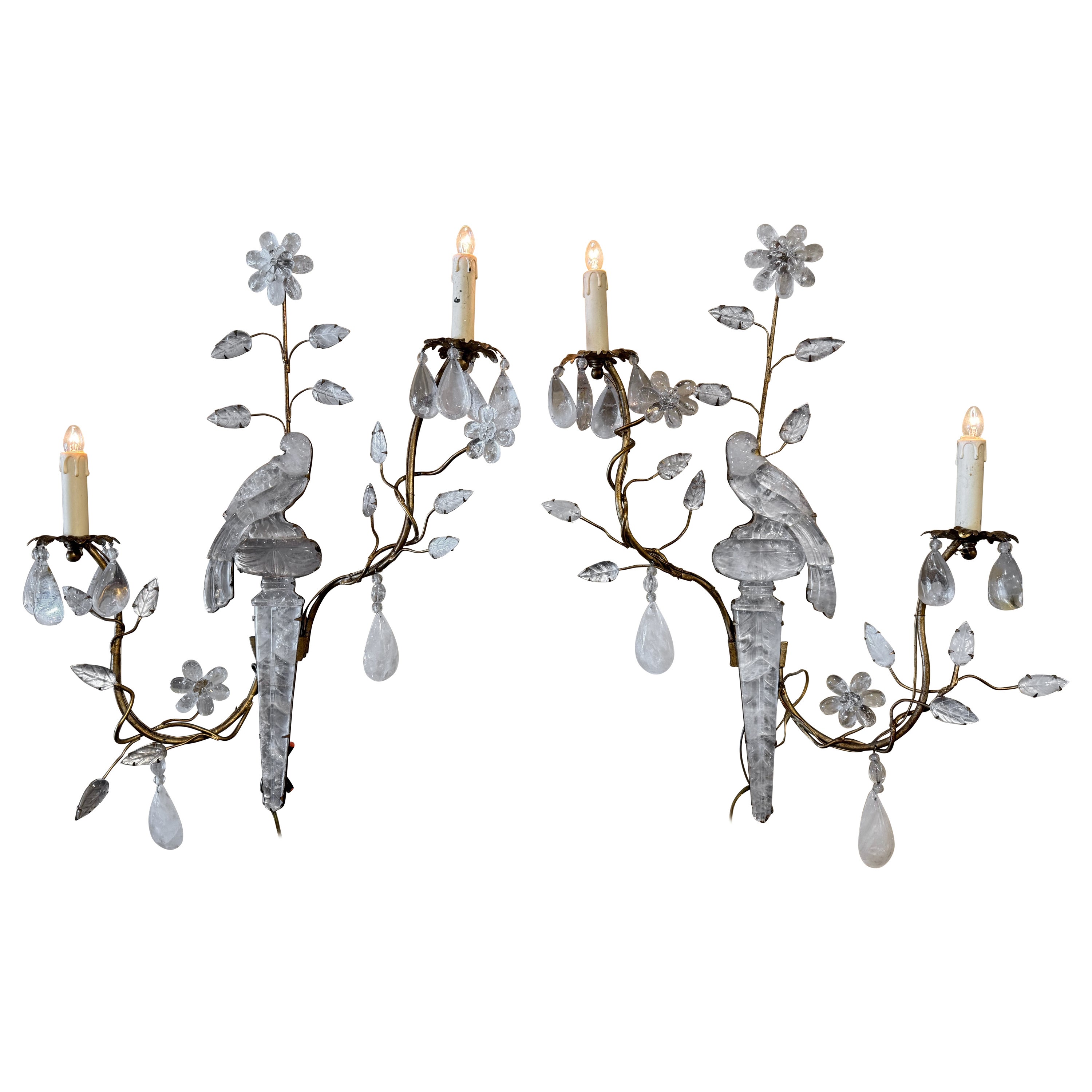 Pair of Mid-Century French Maison Bagues Rock Crystal and Metal Wall Sconces