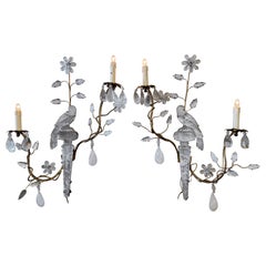 Used Pair of Mid-Century French Maison Bagues Rock Crystal and Metal Wall Sconces