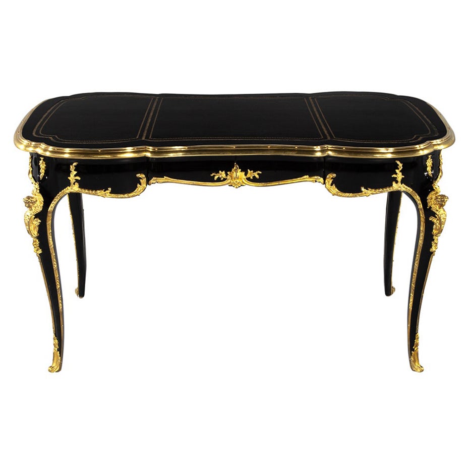 Louis XV Style Black Lacquer Leather Top Writing Desk 