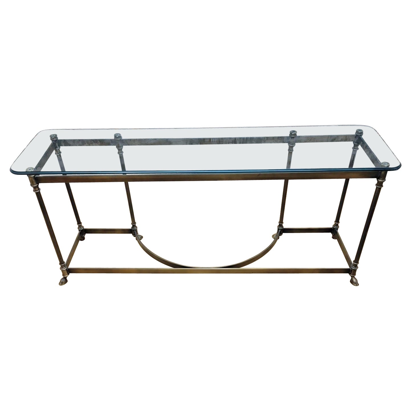 Vintage Maison Jansen LaBarge Styled Brass Hoofed Feet Glass Top Console Table For Sale