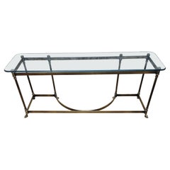 Retro Maison Jansen LaBarge Styled Brass Hoofed Feet Glass Top Console Table