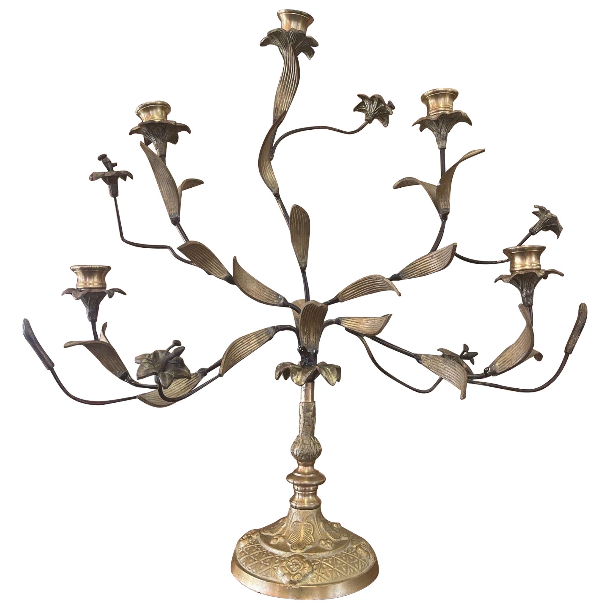 Vintage French Style Brass and Metal Candelabra With Sculpted Lillie’s and leave For Sale