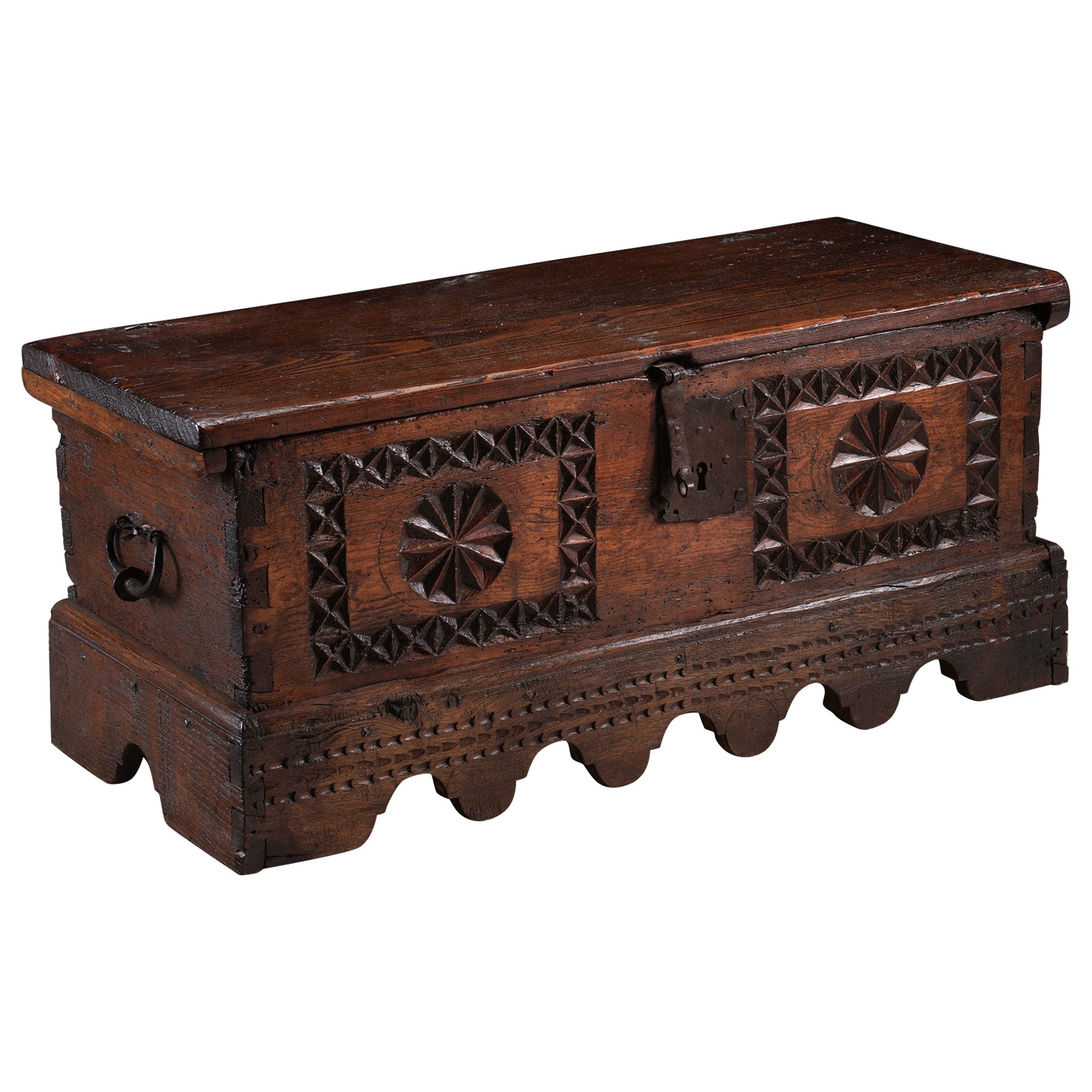 Chest Coffer Spanish Chip Carved Folk 18th Century Pine Ironwork Small 3ft long For Sale