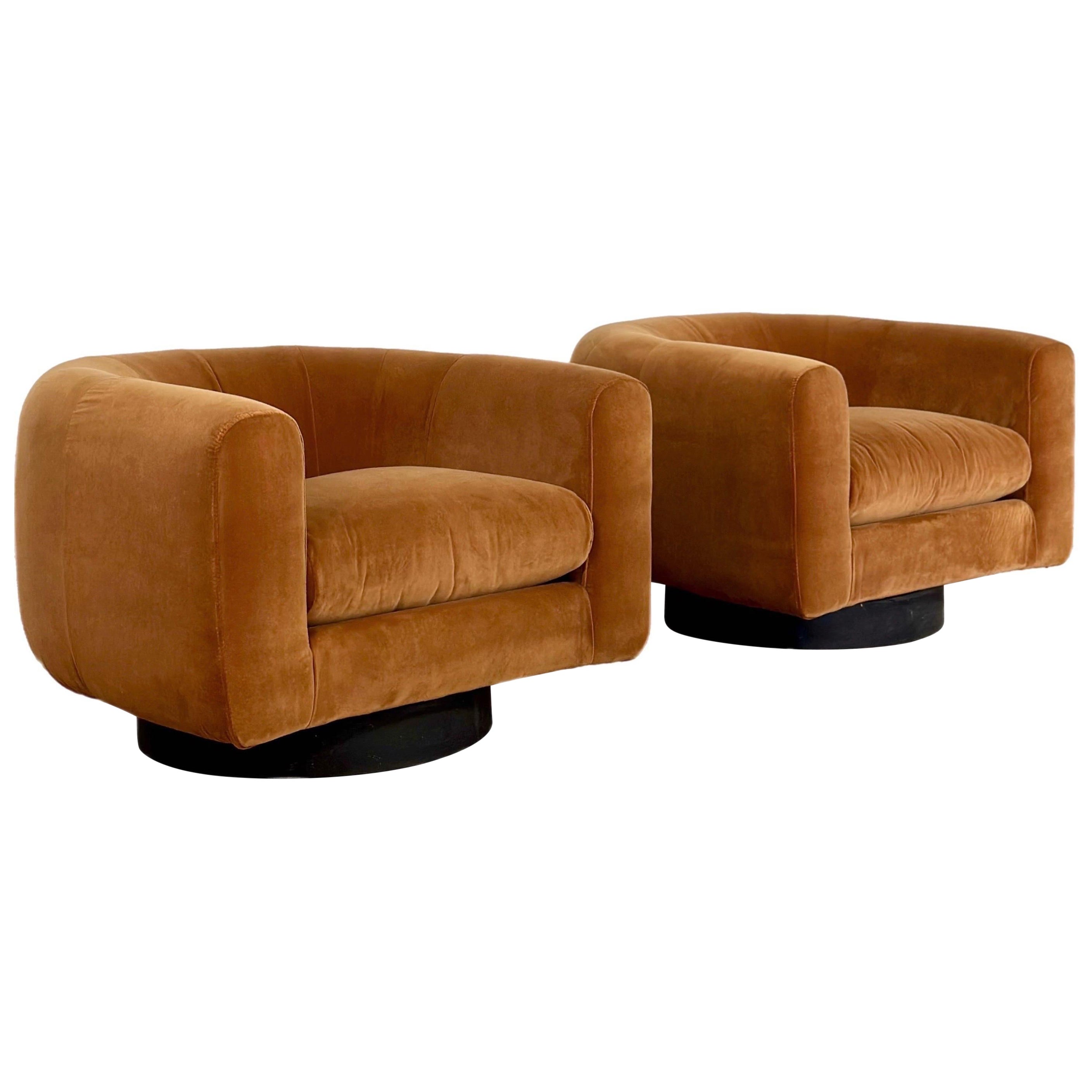 1970s Milo Baughman Style Reupholstered Ochre Barrel Back Swivel Chairs - a Set For Sale