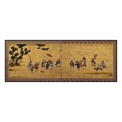 Antique 17th Century Japanese Screen. Karako Asobi: Chinese Children at Play.