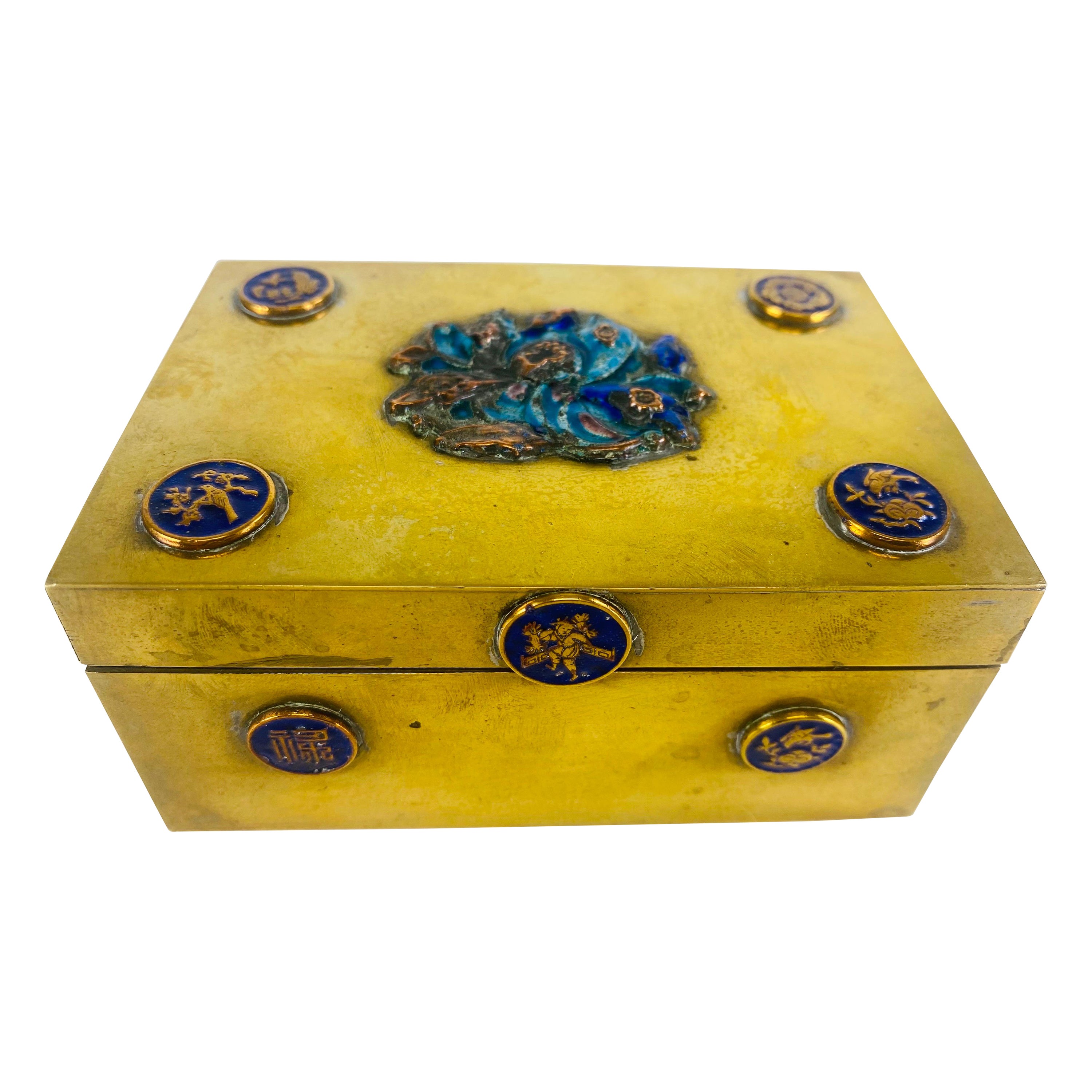 Vintage solid brass and enamel Chinese export trinket box.