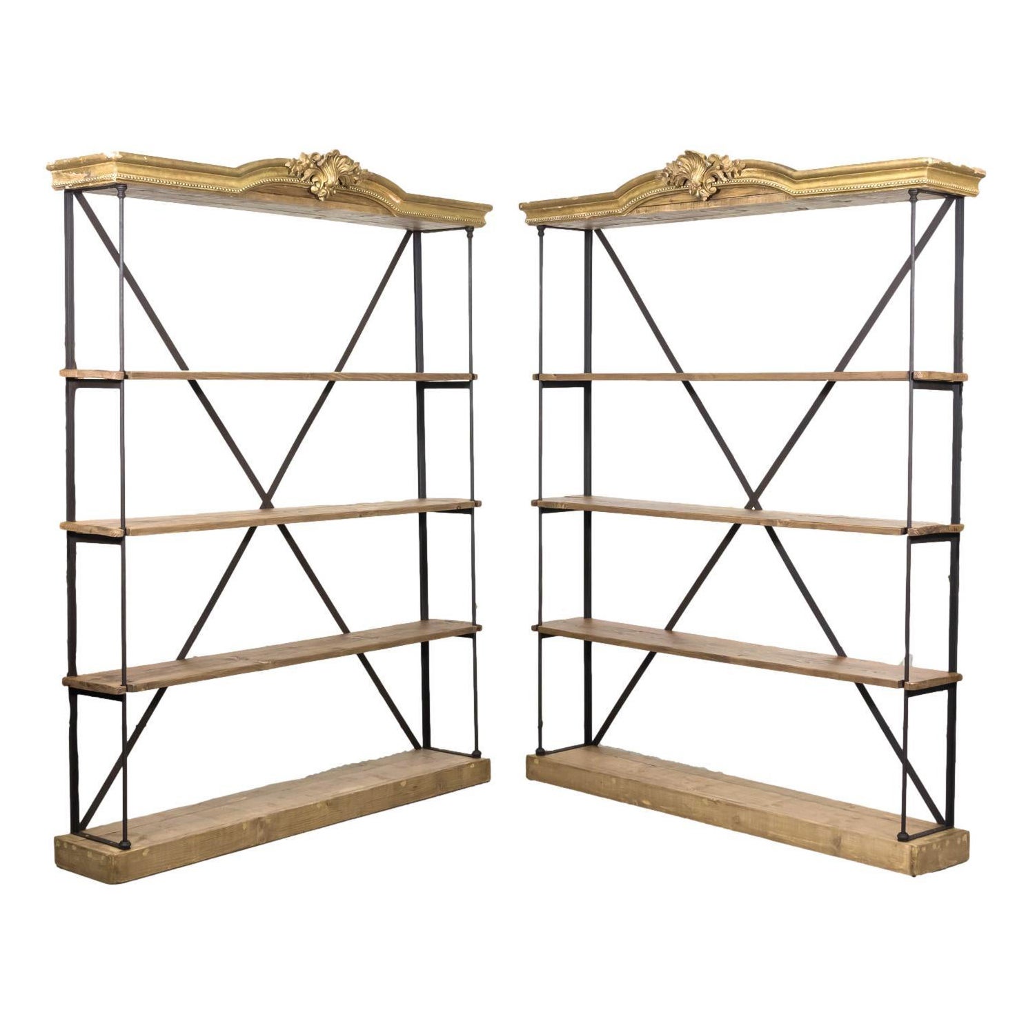 Pair of French Industrial Display Shelves with 19th Century Giltwood Pelmets   For Sale