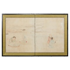 Japanischer Edo-Raumteiler mit zwei Tafeln und Kindern, die mit Fischen spielen