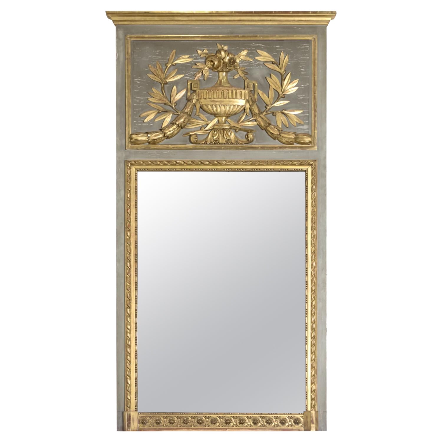 19th Century French Louis XVI Style Painted and Parcel Gilt Trumeau Mirror