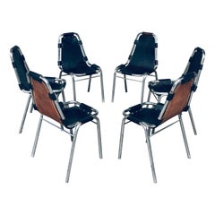 Industrielle Esszimmerstühle aus Leder und Stahl im Industriedesign, Modell „Les Arcs“, 1980er Jahre