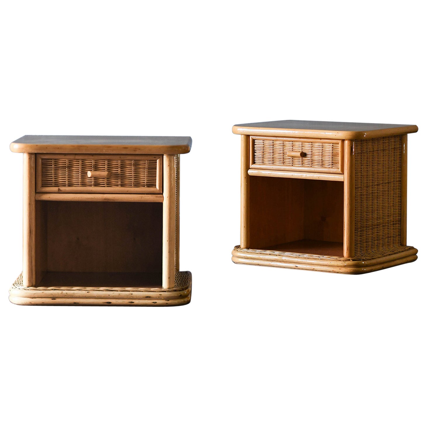 Pair of wooden and wicker bedside tables with drawer, Italy 1980. For Sale