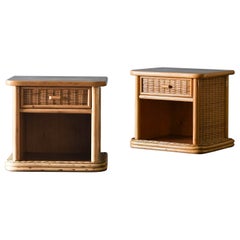 Vintage Pair of wooden and wicker bedside tables with drawer, Italy 1980.