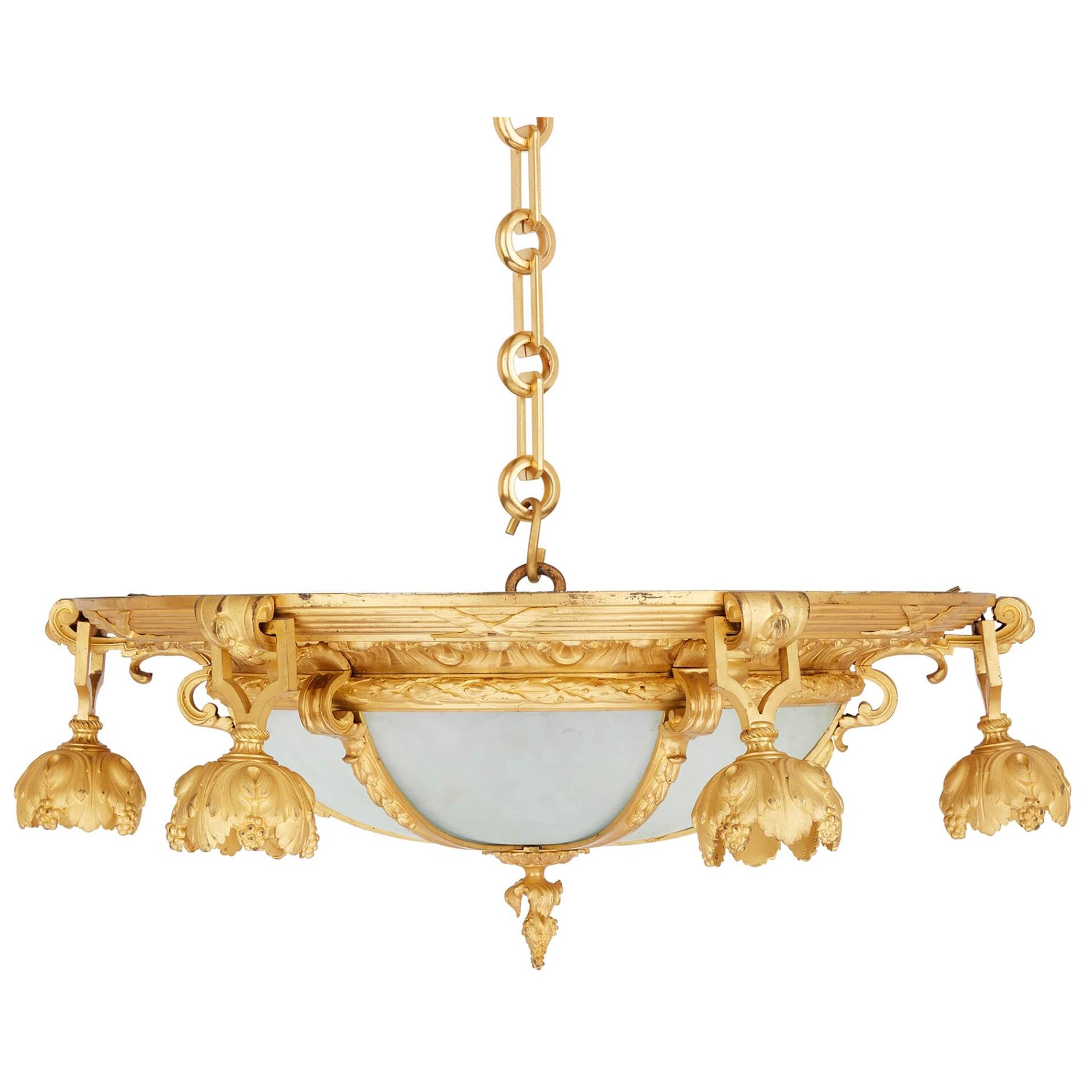 Lustre à six lumières en bronze doré et verre du 19e siècle, France en vente