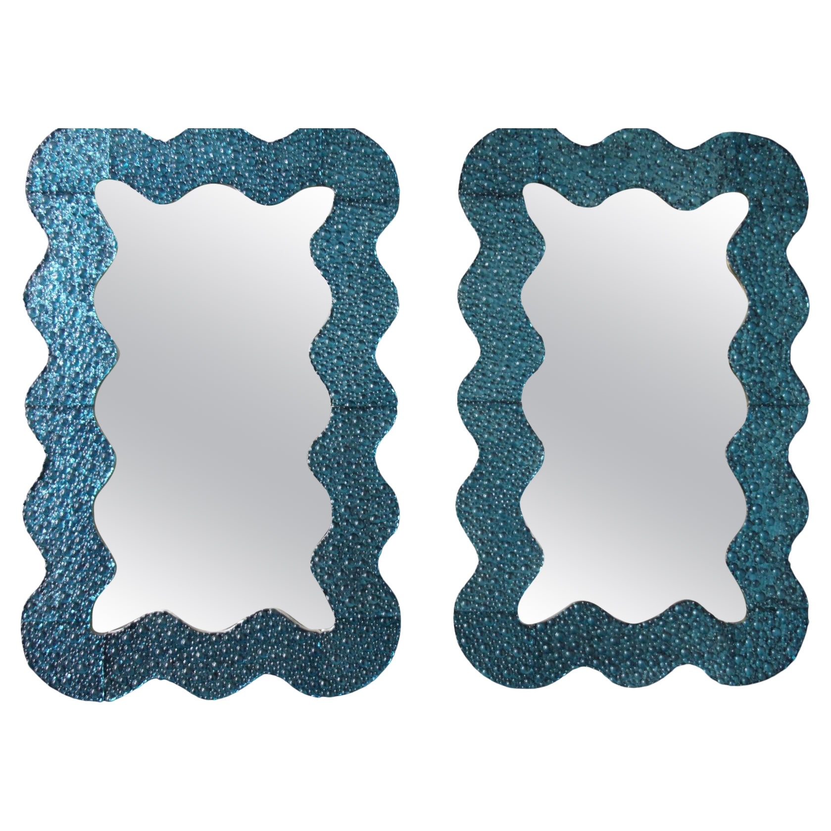 Grands miroirs en verre de Murano texturé bleu turquoise ondulé, en stock en vente