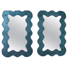 Large Wavy Turquoise Blue Textured Murano Glass Mirrors , In Stock