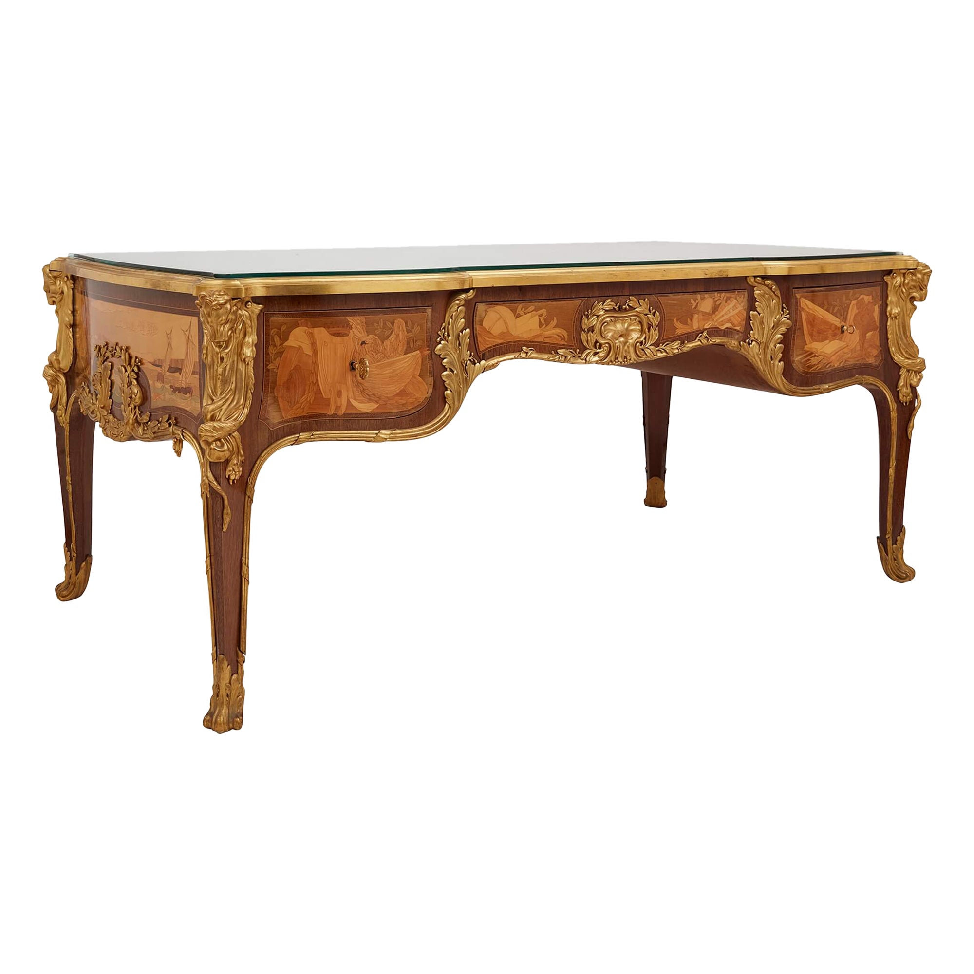 Antique French Louis XV Style Ormolu Mounted Marquetry Desk by Maison Léger For Sale