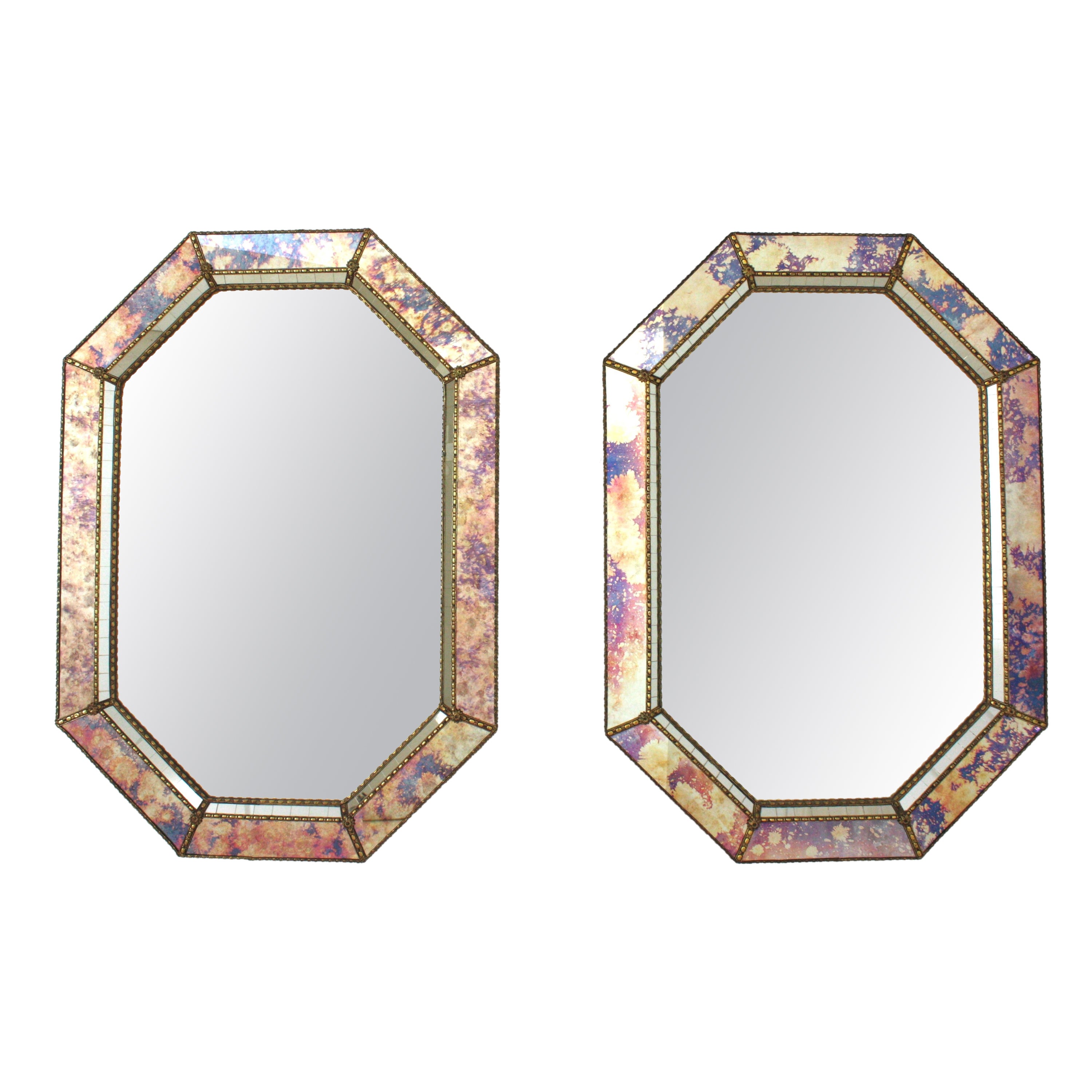 Octagonal Venetian Style Mirrors with Pink Purple Glass & Brass Details, Pair