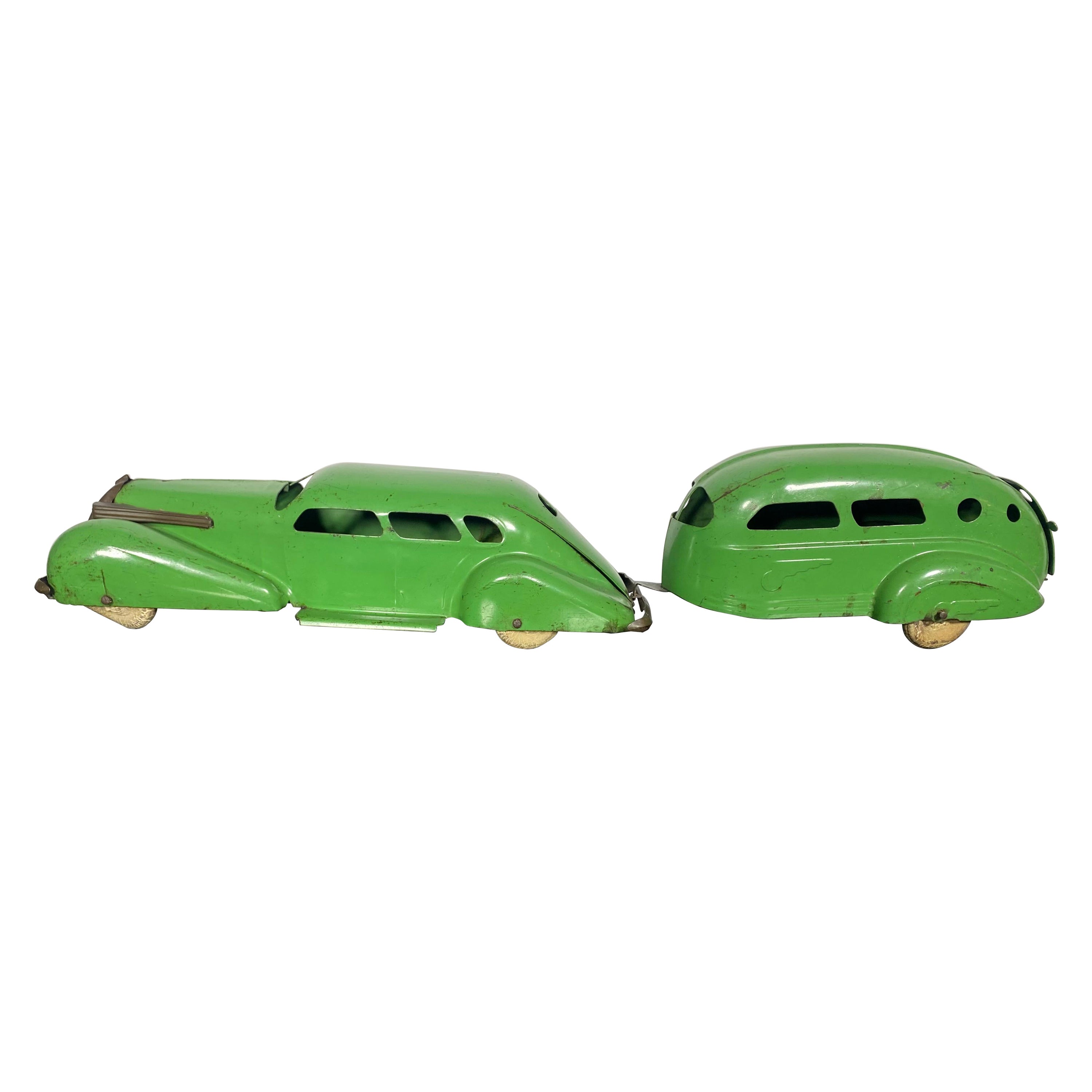 Wyandotte Lasalle Toy Car and Airstream Trailer .pressed steel , Art Deco For Sale