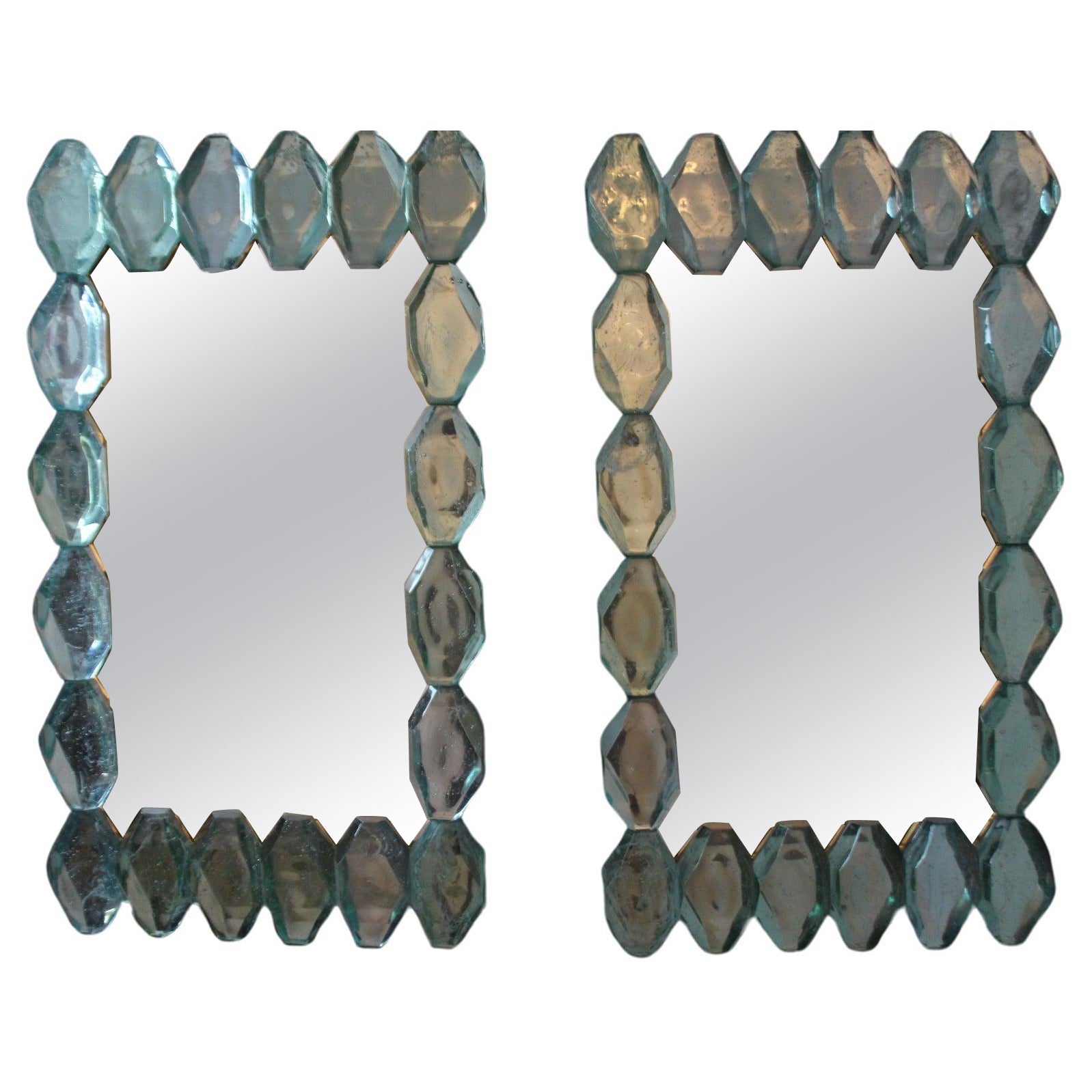 Large Aqua Blue Diamond Cut Textured Murano Glass Block Mirrors, In Stock