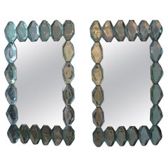 Large Aqua Blue Diamond Cut Textured Murano Glass Block Mirrors, In Stock