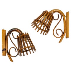 Vintage Pair of Sconces "Lantern" in Bamboo and Rattan Louis Sognot Style, Italy, 1960s