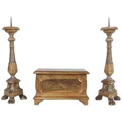 Pair of 18th Century Italian Pricket Candlesticks and a Gilded Wood Box