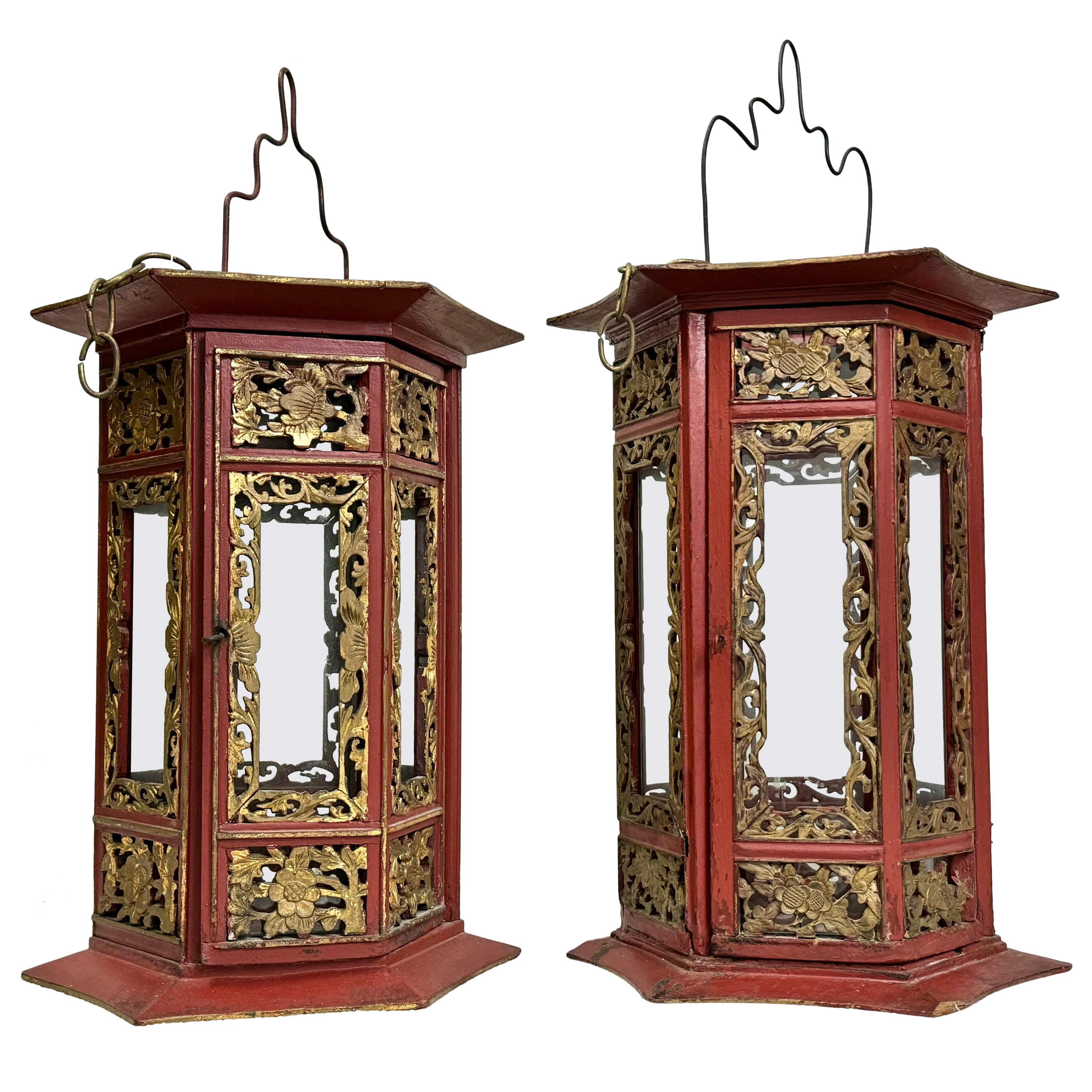 Pair of Asian Hand Carved Wooden Lanterns For Sale