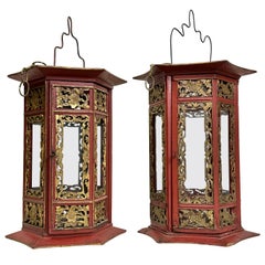 Pair of Asian Hand Carved Wooden Lanterns
