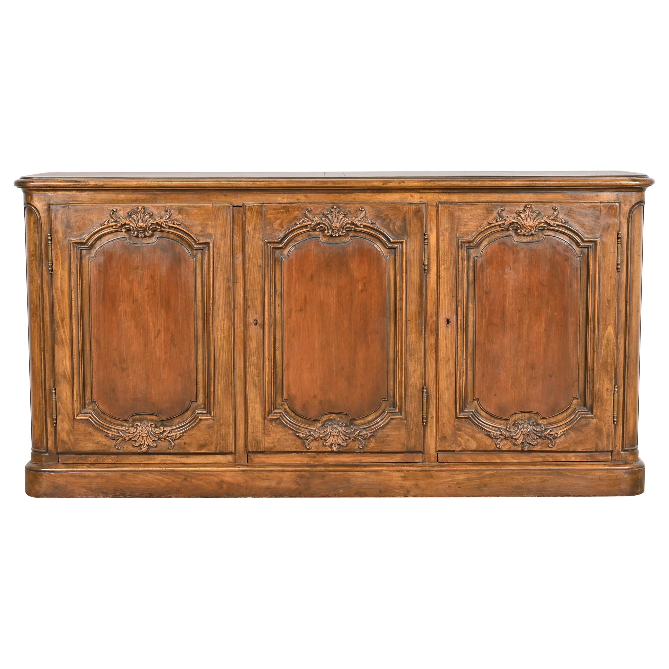Baker Furniture French Country Carved Walnut Sideboard or Bar Cabinet, 1960s