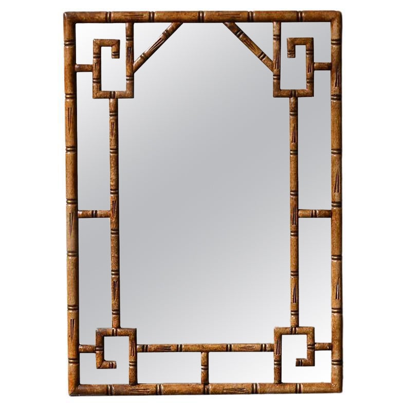 Mirror with geometric patterns in carved bamboo-like wood from the 1920s For Sale