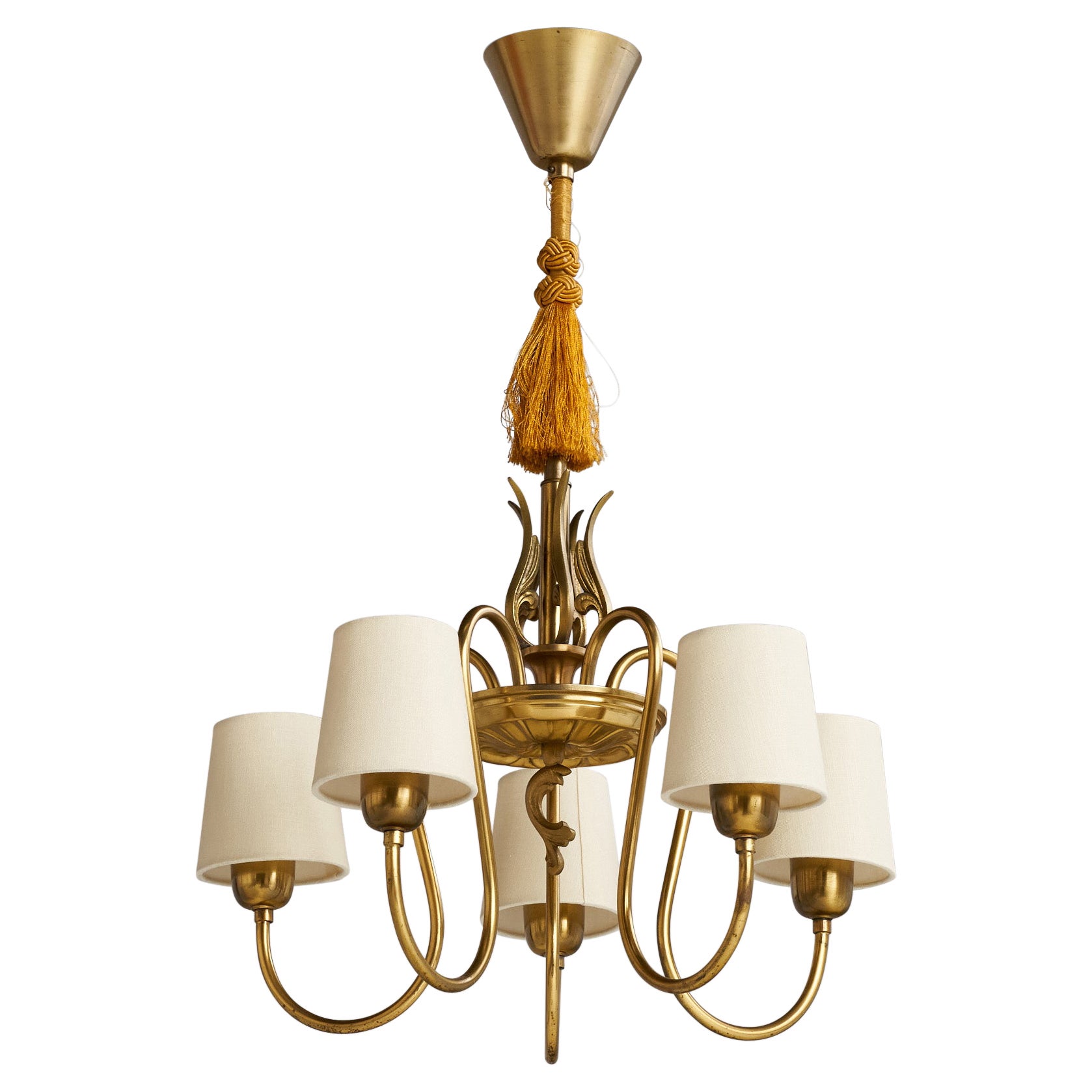 Swedish Designer, Chandelier, Brass, Fabric, Sweden, 1930s For Sale