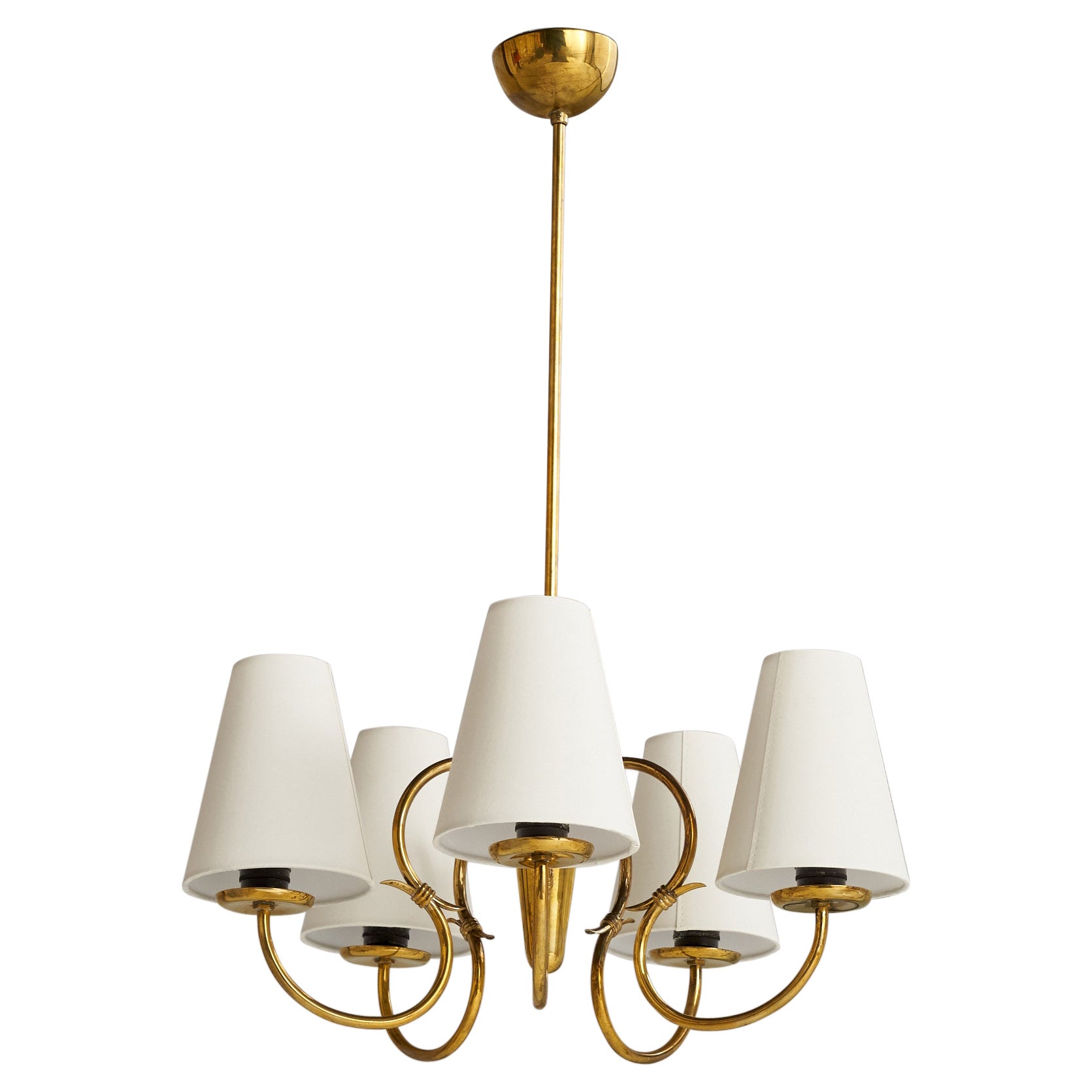 Swedish Designer, Chandelier, Brass, Fabric, Sweden, 1940s For Sale