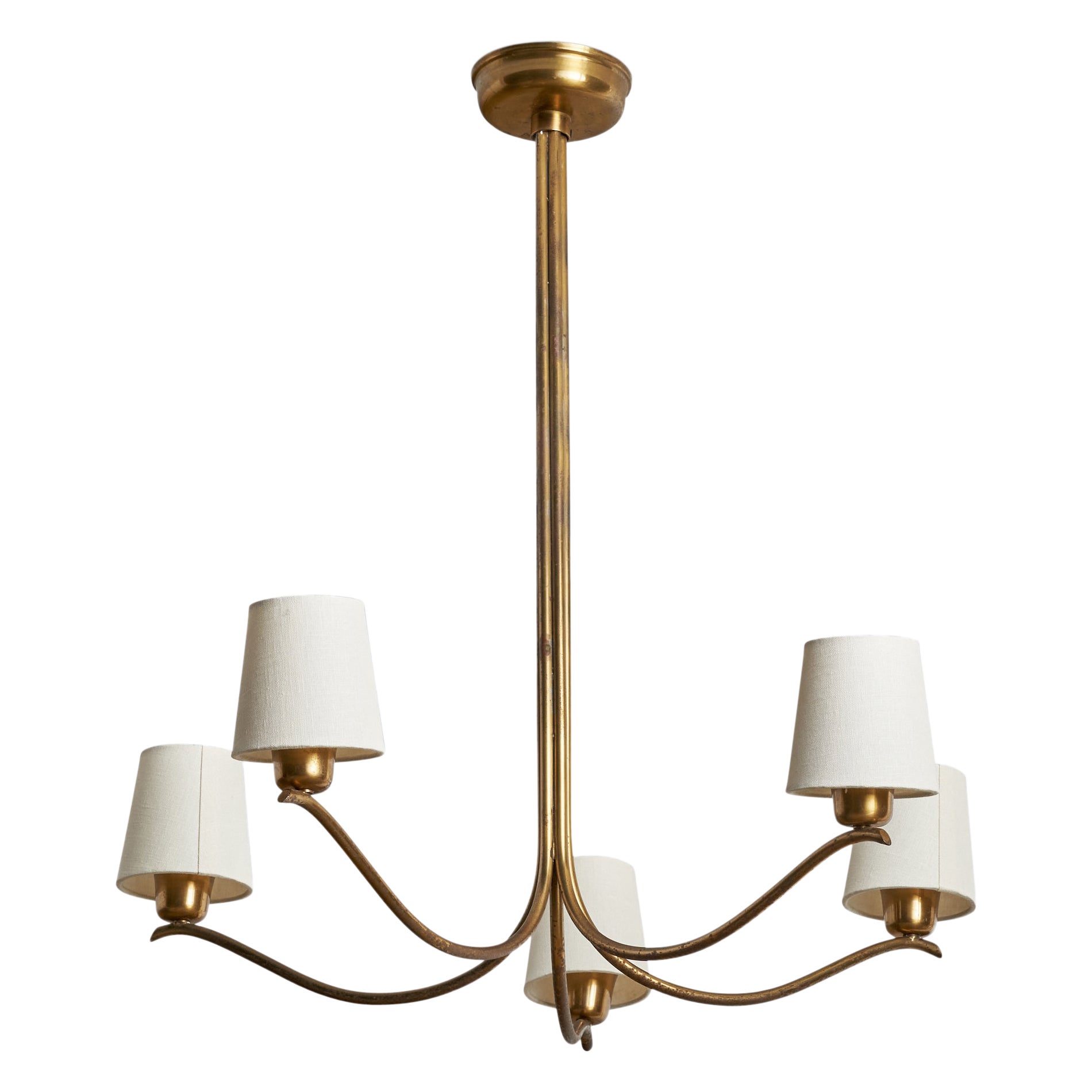 Swedish Designer, Chandelier, Brass, Fabric, Sweden, 1940s For Sale