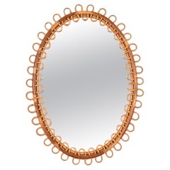 Mid-Century French Riviera Oval Mirror in Curved Rattan and Bamboo, Italy 1960s